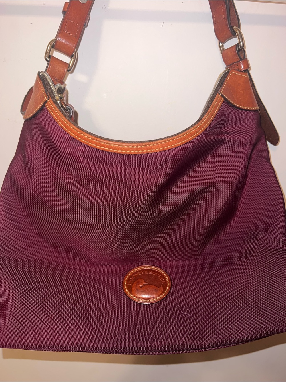 Dooney & Bourke Burgundy Canvas Hobo with Brown Leather Trim